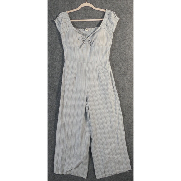 Derek Heart Medium Jumpsuit Cropped Short Sleeve Cotton Blend Blue Stripe - Picture 1 of 10